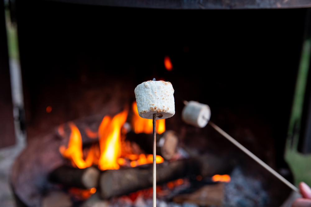 roasting marshmallows over a flame in an indoor wood-burning fireplace to make s'mores using home hearth