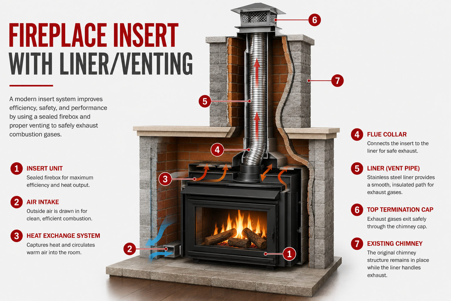 Fireplace insert with liner and venting cutaway diagram showing seven numbered components: 1) Insert Unit sealed firebox, 2) Air Intake for outside combustion air, 3) Heat Exchange System, 4) Flue Collar connecting insert to liner, 5) Stainless Steel Liner or Vent Pipe running up the chimney, 6) Top Termination Cap, 7) Existing Chimney that stays in place while the liner handles exhaust.